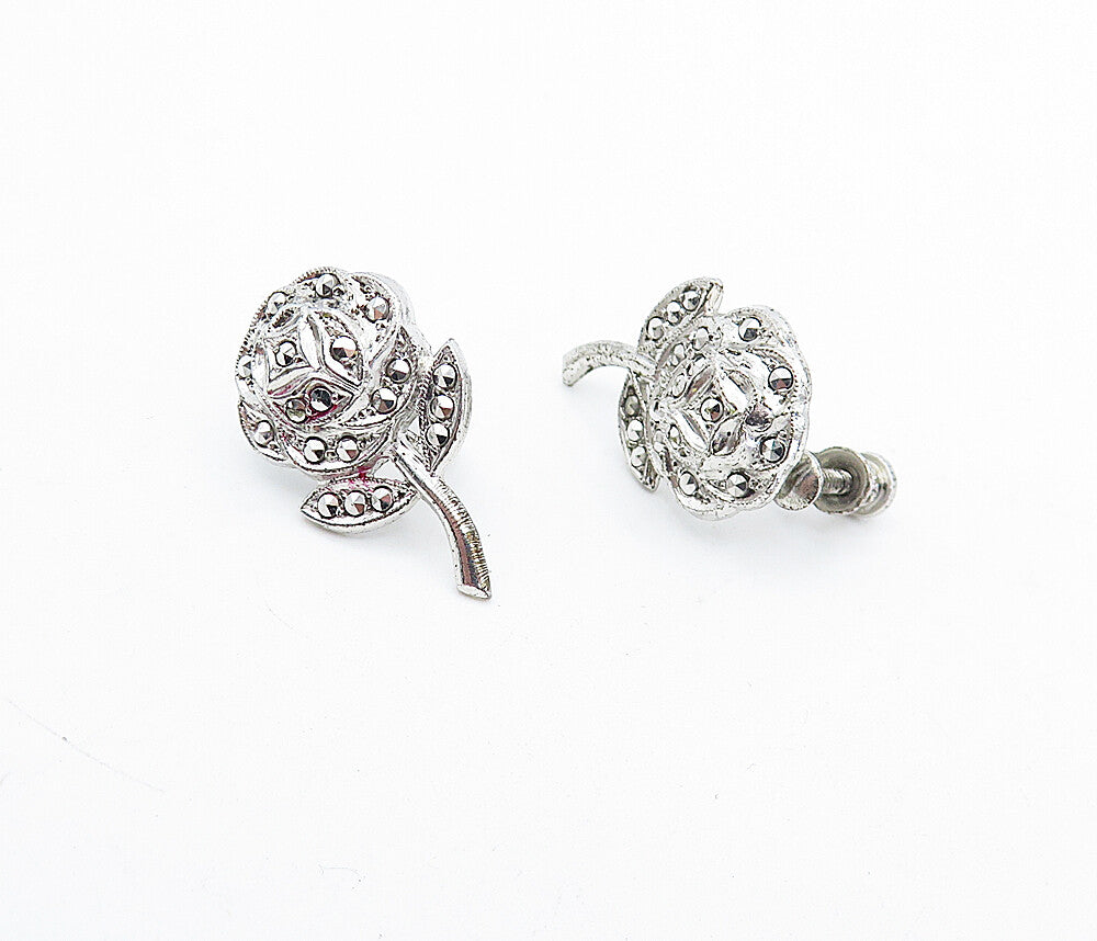 925 Sterling Silver  Vintage Sparkling Rose Flower Shiny Drop Earrings  EG2276