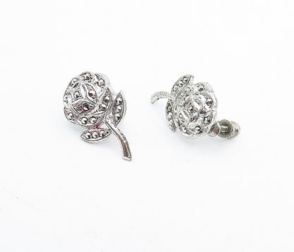 925 Sterling Silver  Vintage Sparkling Rose Flower Shiny Drop Earrings  EG2276