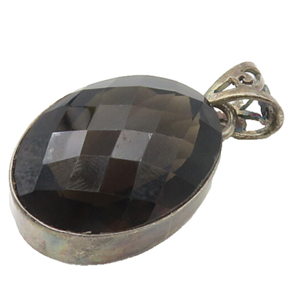 925 Sterling Silver  Vintage Large Real Faceted Smoky Topaz Pendant  PT14557