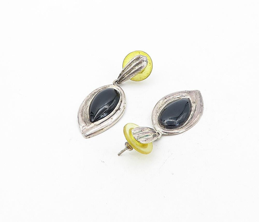 925 Sterling Silver  Vintage Cabochon Cut Black Onyx Dangle Earrings  EG4293