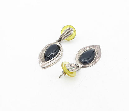 925 Sterling Silver  Vintage Cabochon Cut Black Onyx Dangle Earrings  EG4293