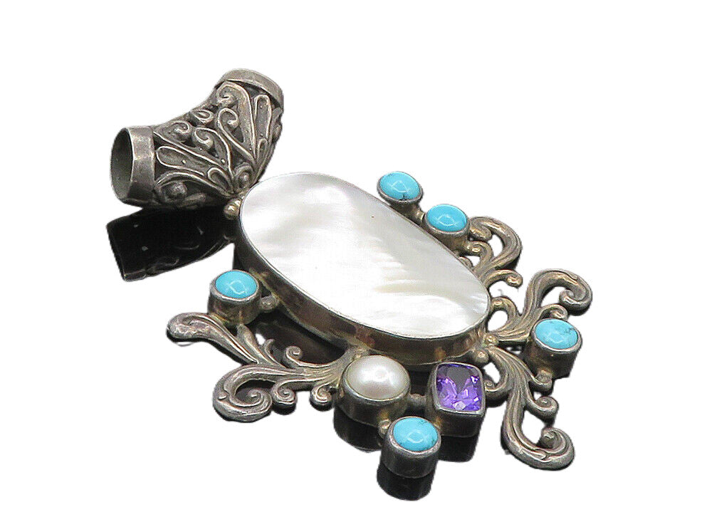 925 Silver  Vintage Mother Of Pearl Turquoise Amethyst & Pearl Pendant  PT7729