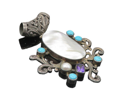 925 Silver  Vintage Mother Of Pearl Turquoise Amethyst & Pearl Pendant  PT7729