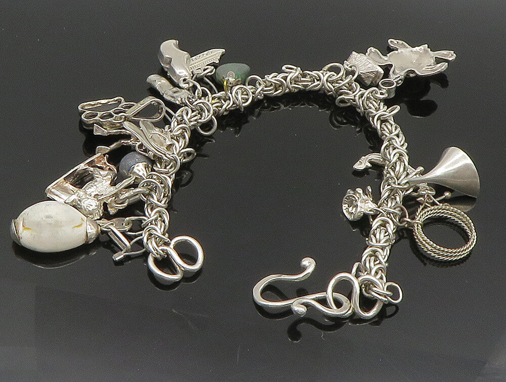 LIZ RON 925 Silver  Vintage Turtle Bear Paw & Multi Charm Bracelet  BT9392