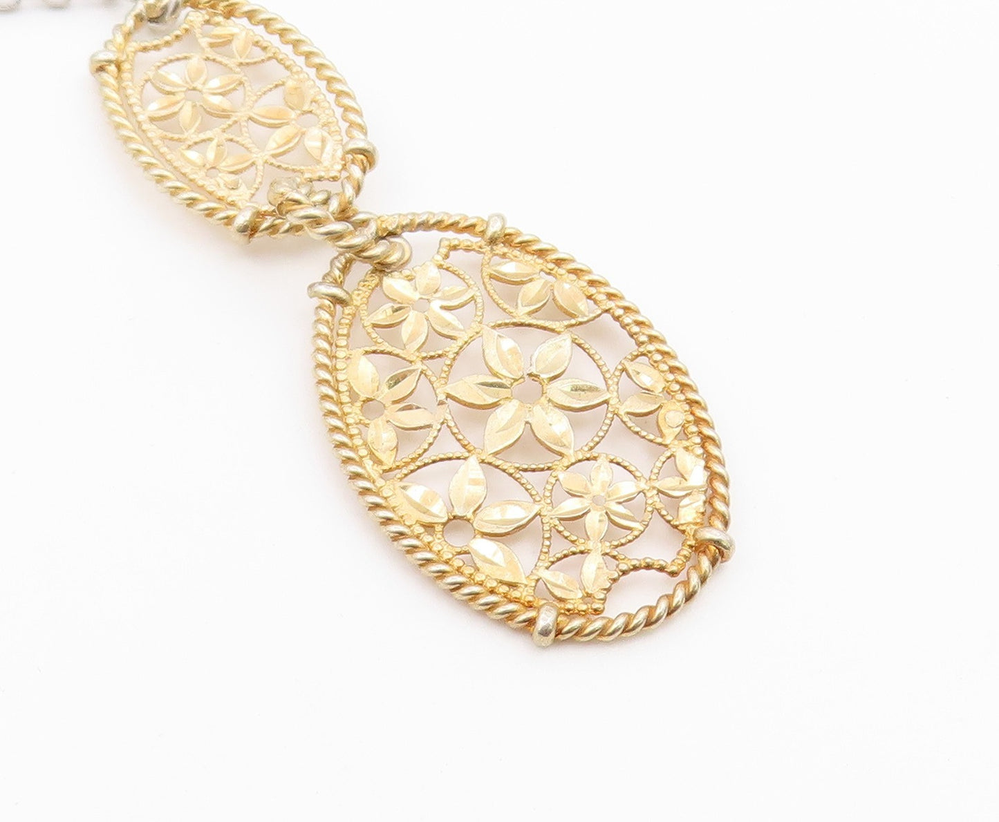 925 Sterling Silver Vintage Necklace Two Tone Floral Filigree Y Drop  NE4940
