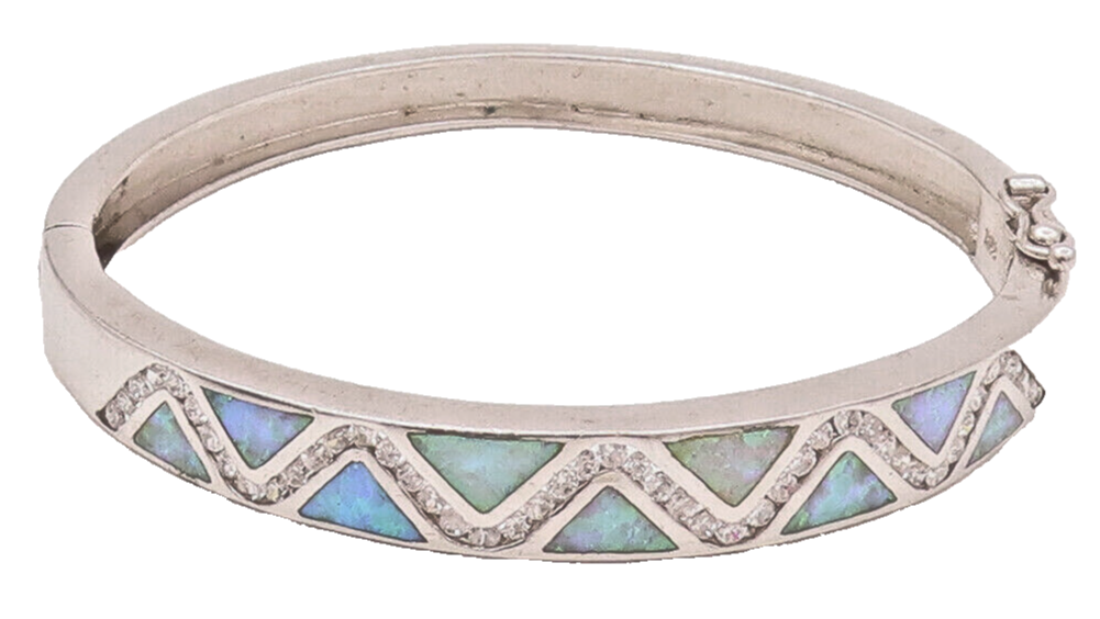925 Sterling Silver  Vintage Wave Of CZ & Fire Opal Bangle Bracelet  BT9944