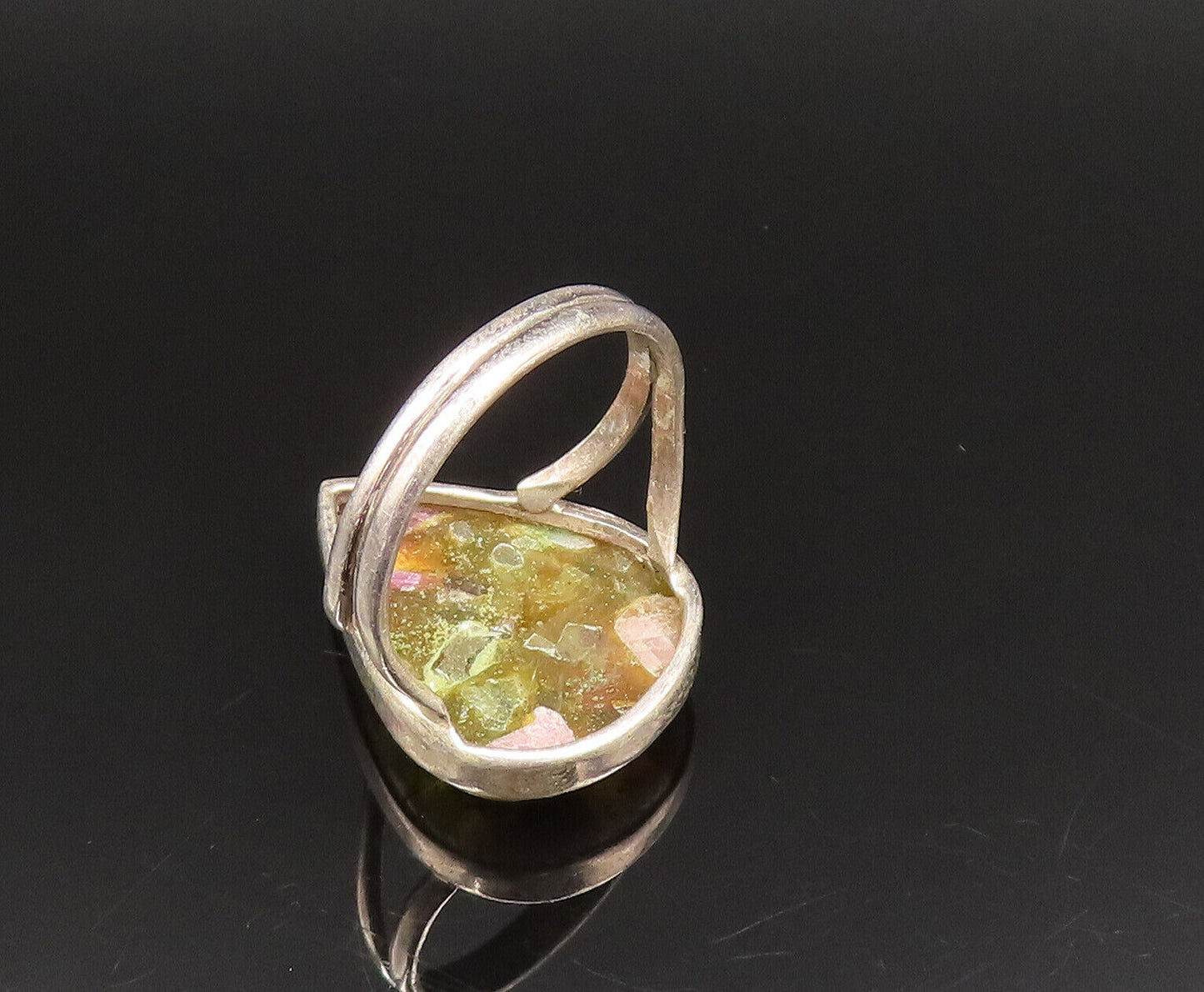925 Silver  Vintage Pear Shaped Unakite Split Shank Ring Sz 11.5  RG25669