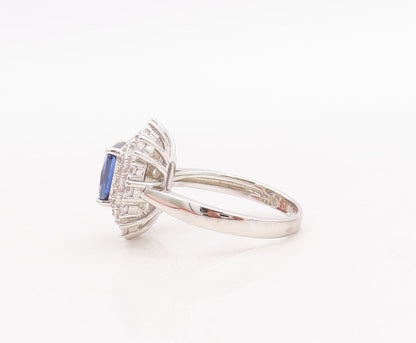 925 Sterling Silver Vintage Ring Blue Rectangle & Round Halo CZ  Sz 7  RG29163