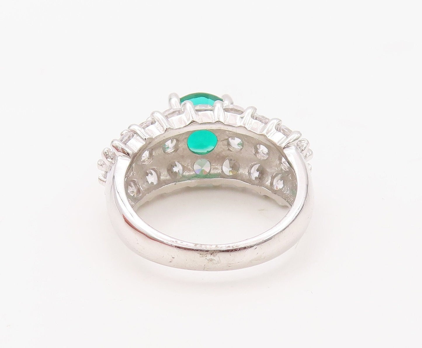 925 Sterling Silver Vintage Ring White Band & Round Green CZ Inlay Sz 7  RG30795