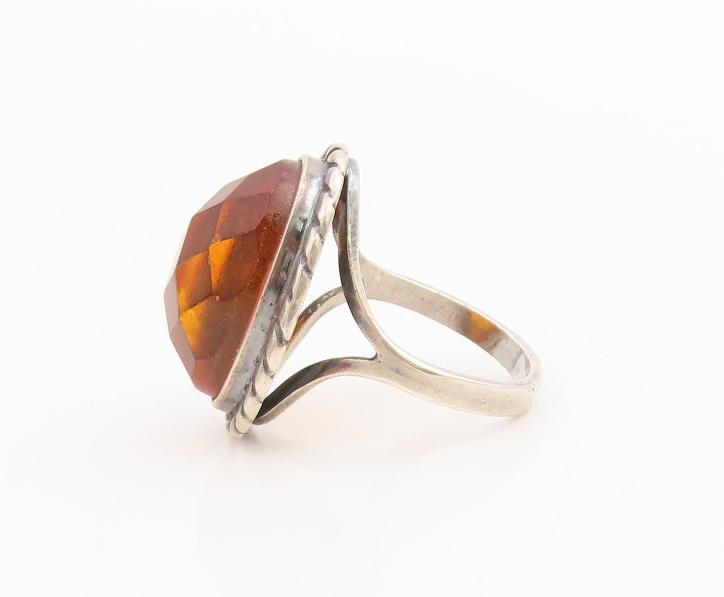 925 Sterling Silver Vintage Ring POLAND Faceted Amber Rope Border  Sz 6  RG34771