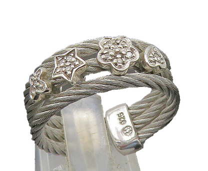 925 Silver  Vintage Genuine Diamonds Star Floral Twist Band Ring Sz 7  RG21853