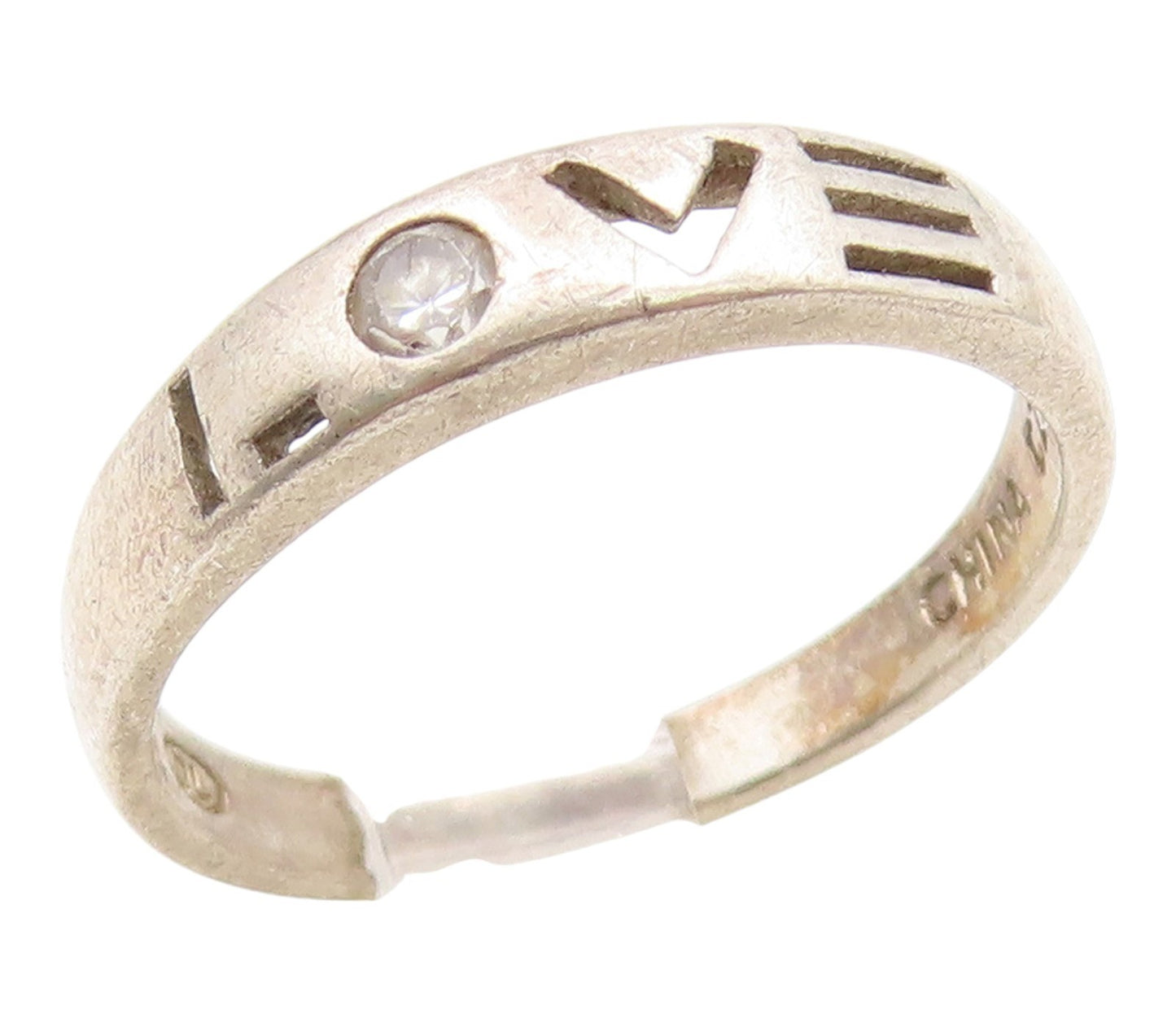 925 Sterling Silver Vintage Ring Modernist CZ Love Cutout Band  Sz 6  RG35219