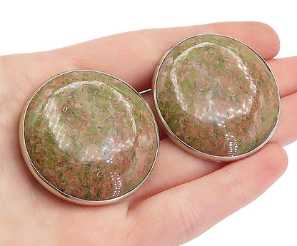 925 Sterling Silver  Vintage Unakite Round Non Pierce Drop Earrings  EG2454