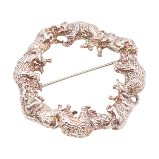 DESIGNER 925 Silver Vintage Circle Of Bears Animal Motif Brooch Pin  BP8368