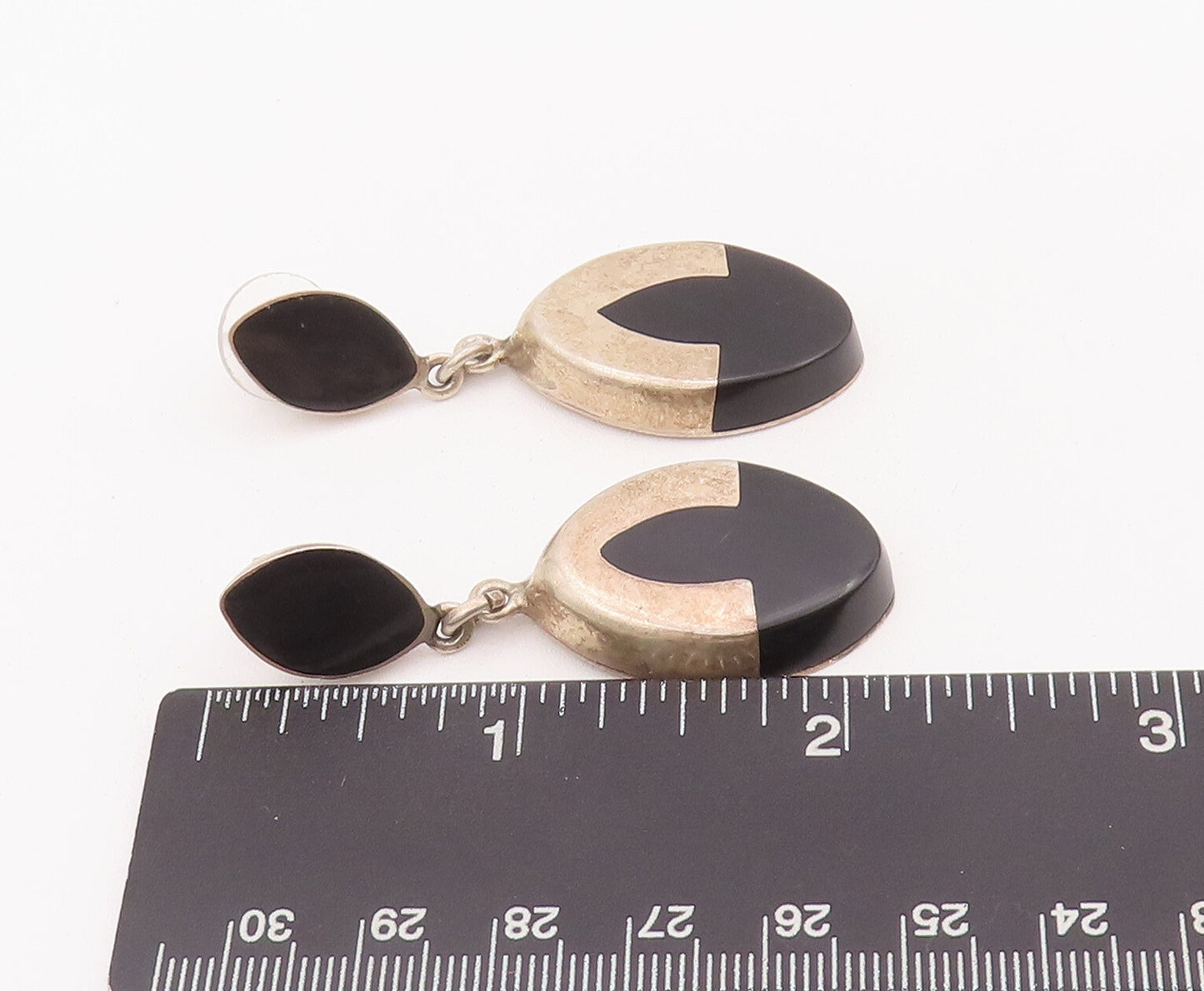 925 Sterling Silver Vintage Earrings MEXICO Linked Dangling Inlay Onyx  EG12931