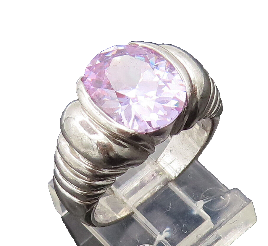 925 Sterling Silver  Vintage Solid Carved Purple Topaz Ring Sz 7.5  RG27376
