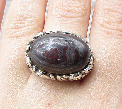925 Sterling Silver  Cabochon Cut Botswana Agate Solitaire Ring Sz 6.5  RG1592