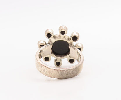 925 Sterling Silver Vintage Ring Solid Cutout Onyx Inlay Flower  Sz 7  RG30732
