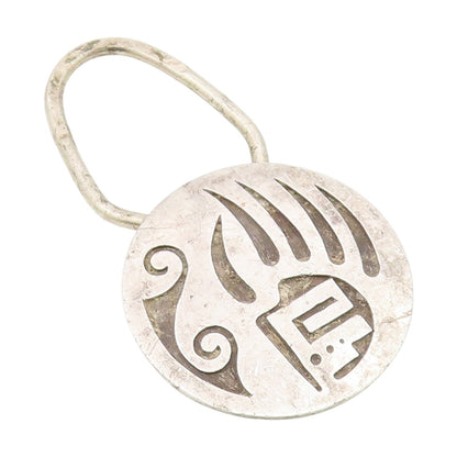 925 Sterling Silver Vintage Key Chain NAVAJO Carved Bear Paw Overlay Fob  TR4210