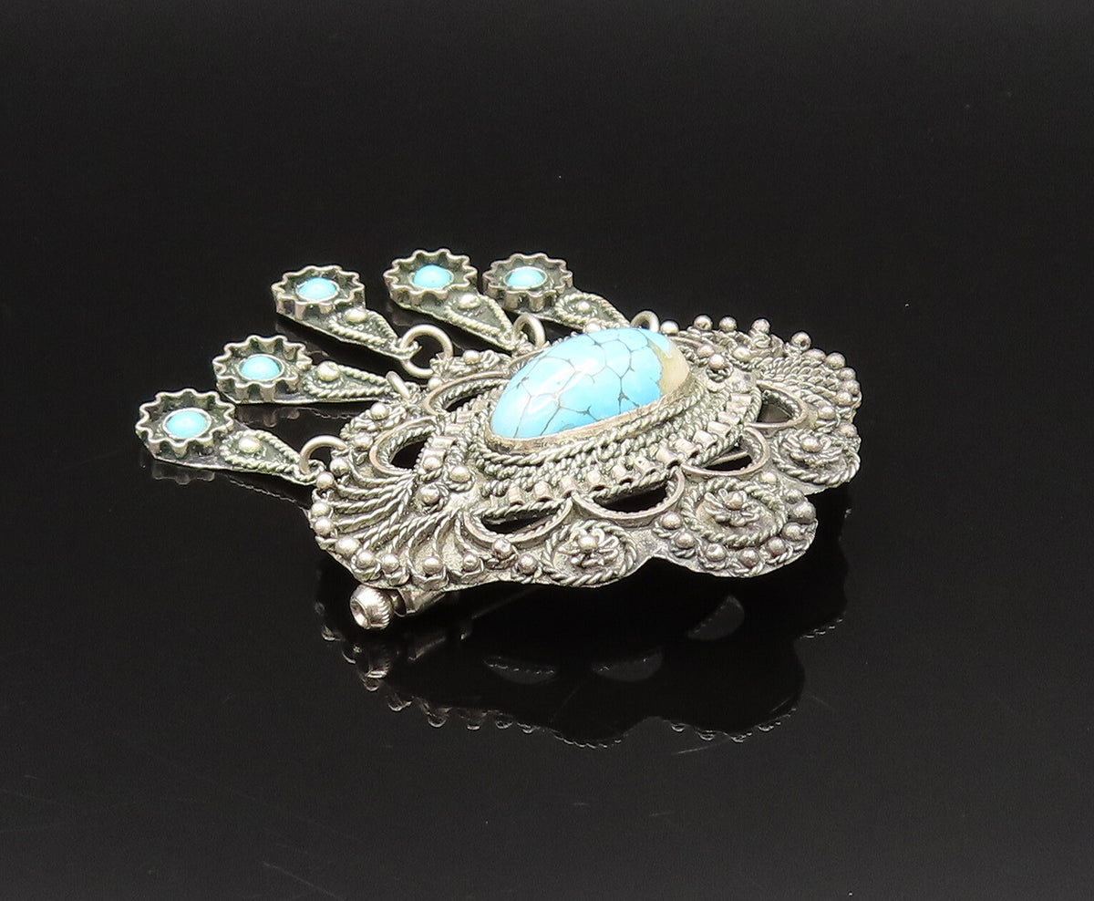MIDDLE EAST 925 Silver  Vintage Beads & Rope Turquoise Brooch Pin  BP9609