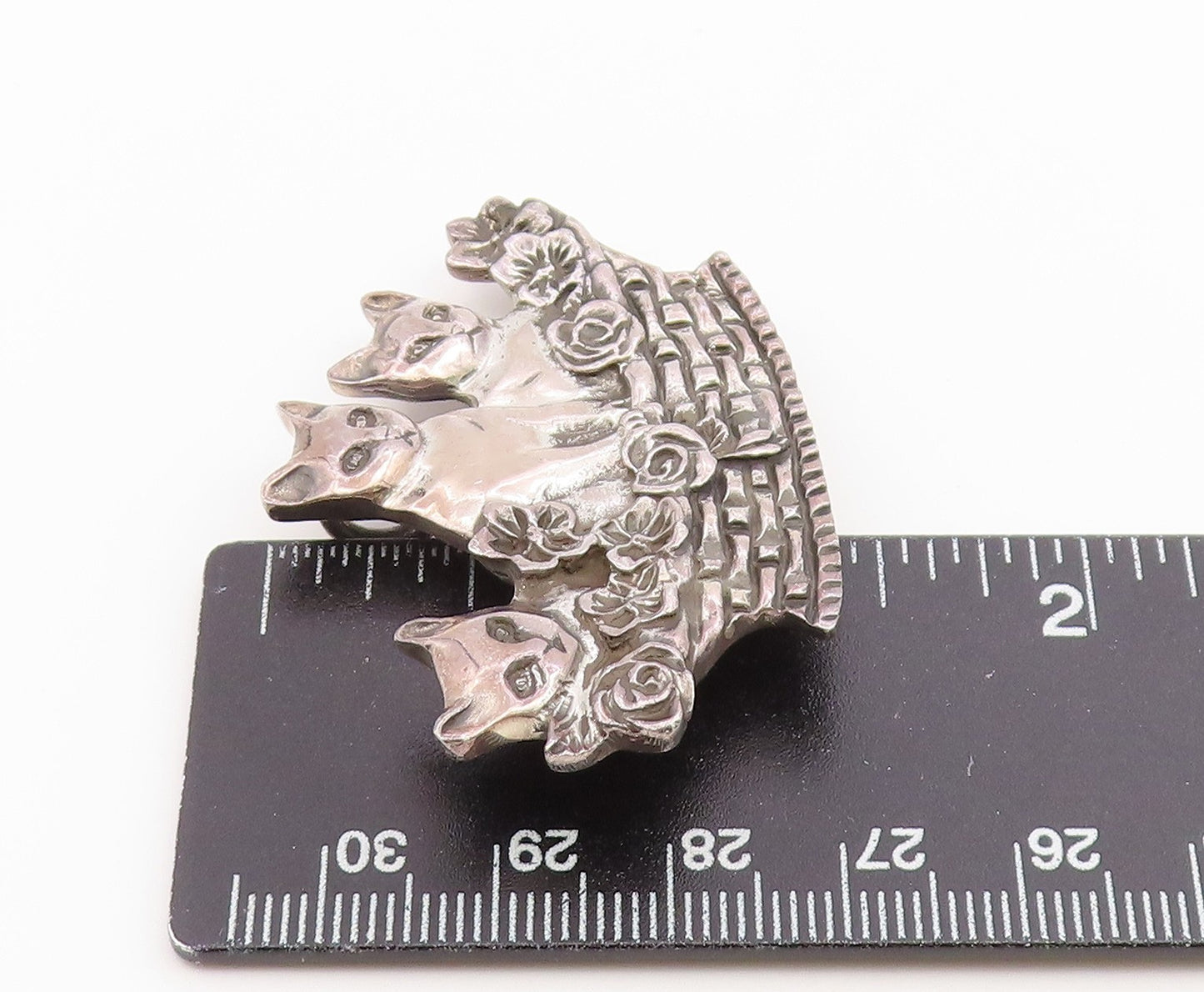925 Sterling Silver Vintage Brooch Pin Kittens In Woven Flower Basket  BP12655