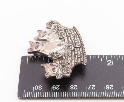 925 Sterling Silver Vintage Brooch Pin Kittens In Woven Flower Basket  BP12655