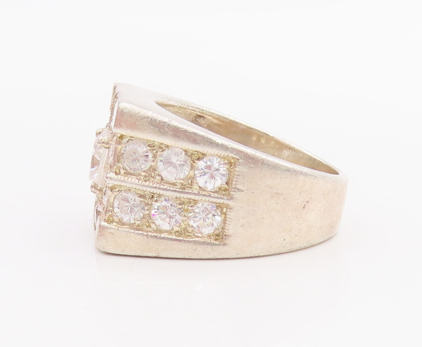 925 Sterling Silver Vintage Ring Large Solid Round CZ Inlay  Sz 8.5  RG28876
