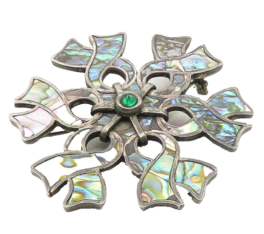 MEXICO 925 Silver  Vintage Abalone Shell Ribbons Flower Brooch Pin  BP3846