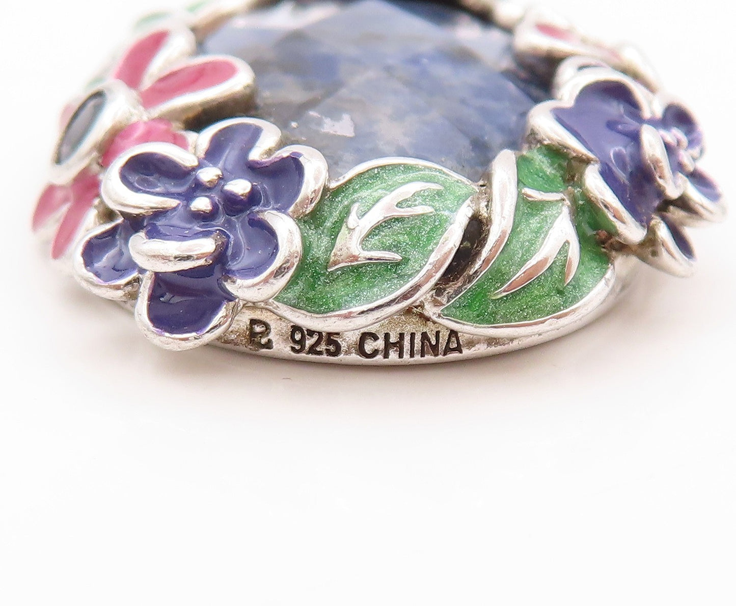925 Sterling Silver Vintage Pendant Oval Gemstone Halo Enameled Flowers  PT24157