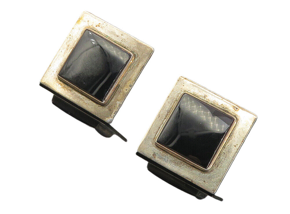 MEXICO 925 Sterling Silver  Vintage Black Onyx Square Drop Earrings  EG4304