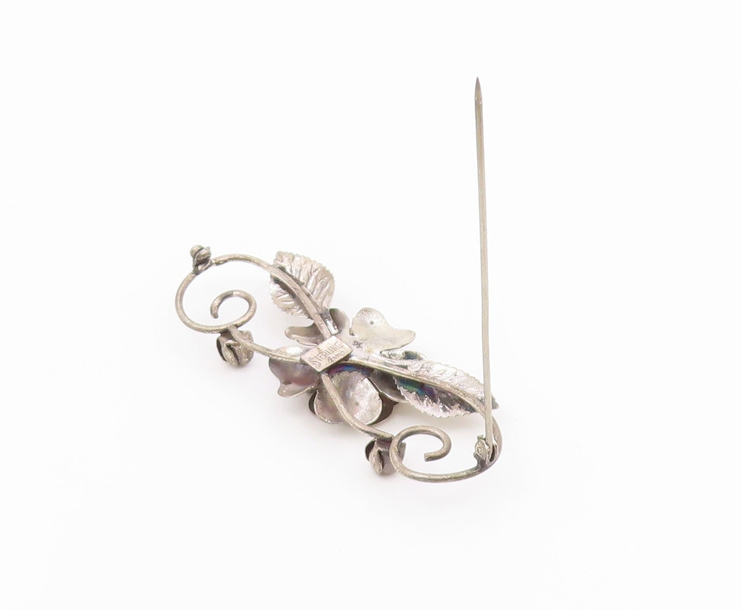LANG 925 Sterling Silver Vintage Rose Flower Swirl Vine Motif Brooch Pin BP3873