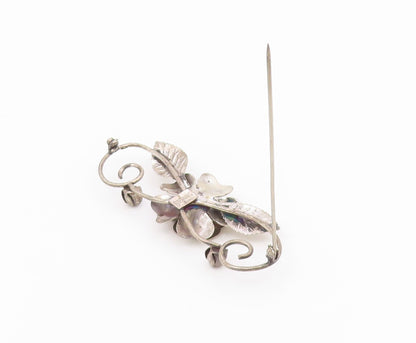 LANG 925 Sterling Silver Vintage Rose Flower Swirl Vine Motif Brooch Pin BP3873