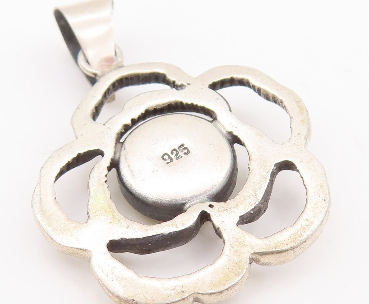 925 Sterling Silver Vintage Pendant Sea Shell Inlay Cutout Flower  PT23450