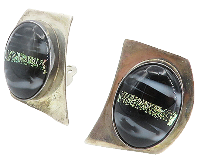 NAVAJO 925 Sterling Silver  Vintage Black Agate Non Pierce Earrings  EG2934