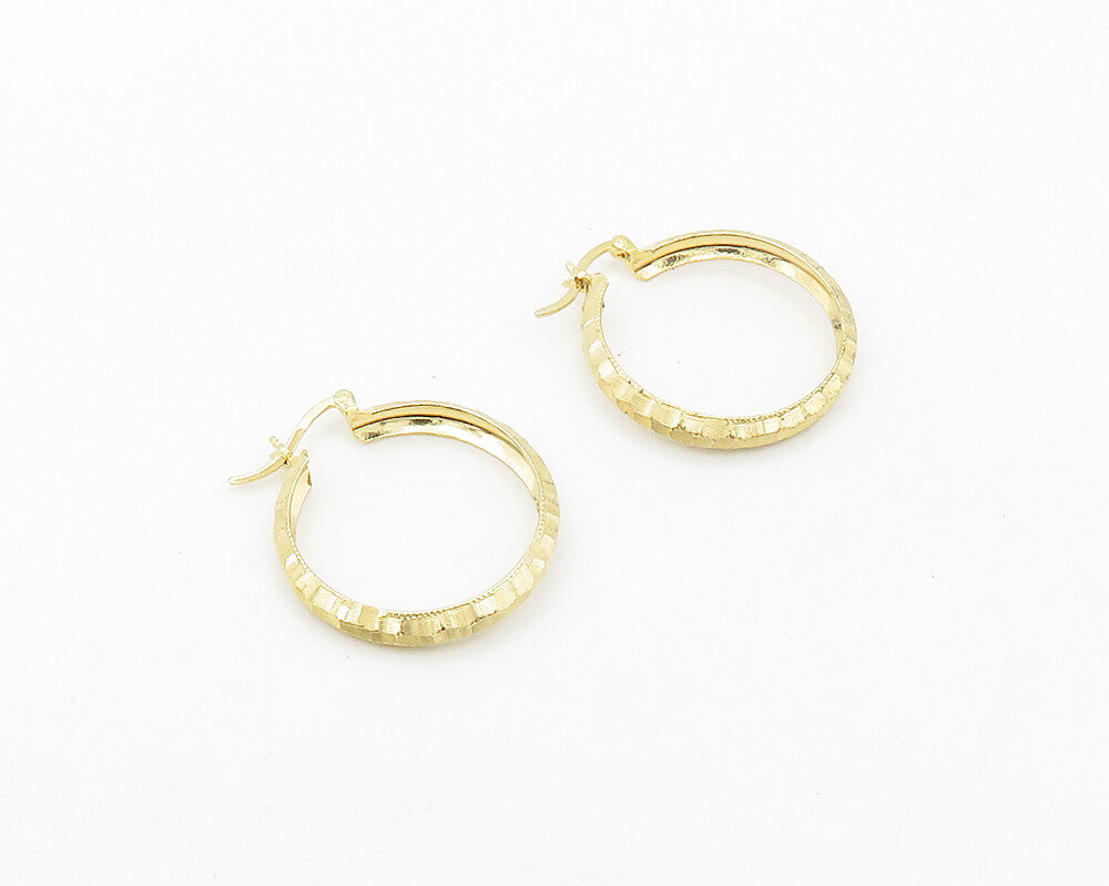 925 Sterling Silver  Shiny Hammered Gold Plated Round Hoop Earrings  EG9490