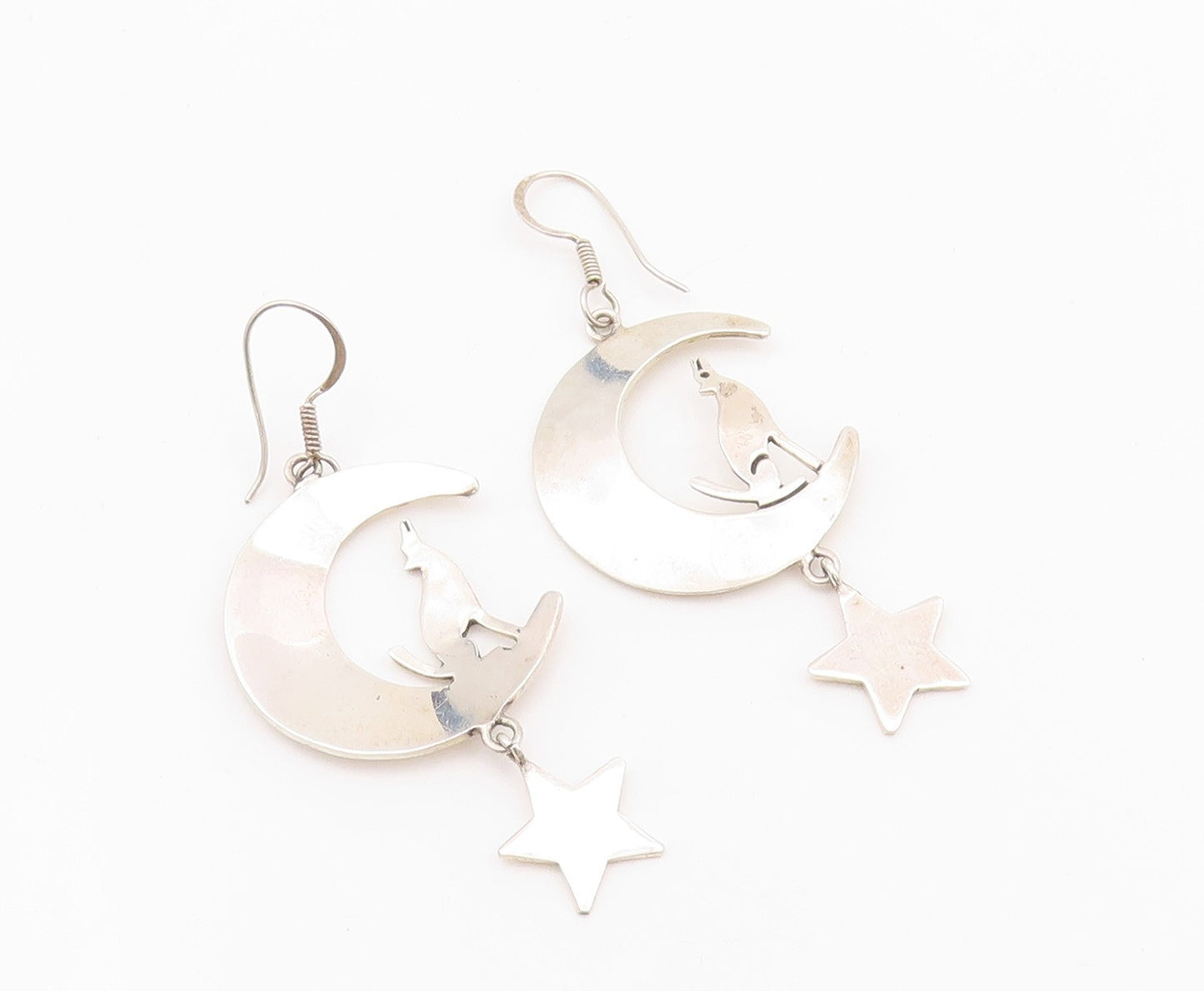 925 Sterling Silver Vintage Earrings MEXICO Howling Wolf On Moon & Star  EG13629