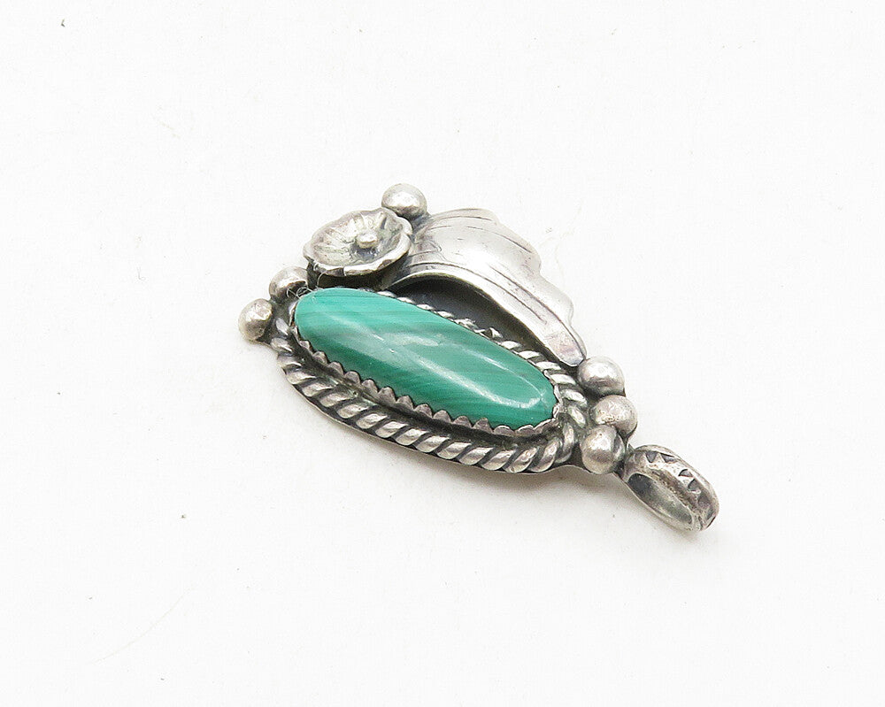 CALVIN DESSON NAVAJO 925 Silver  Vintage Malachite Floral Leaf Pendant  PT7335