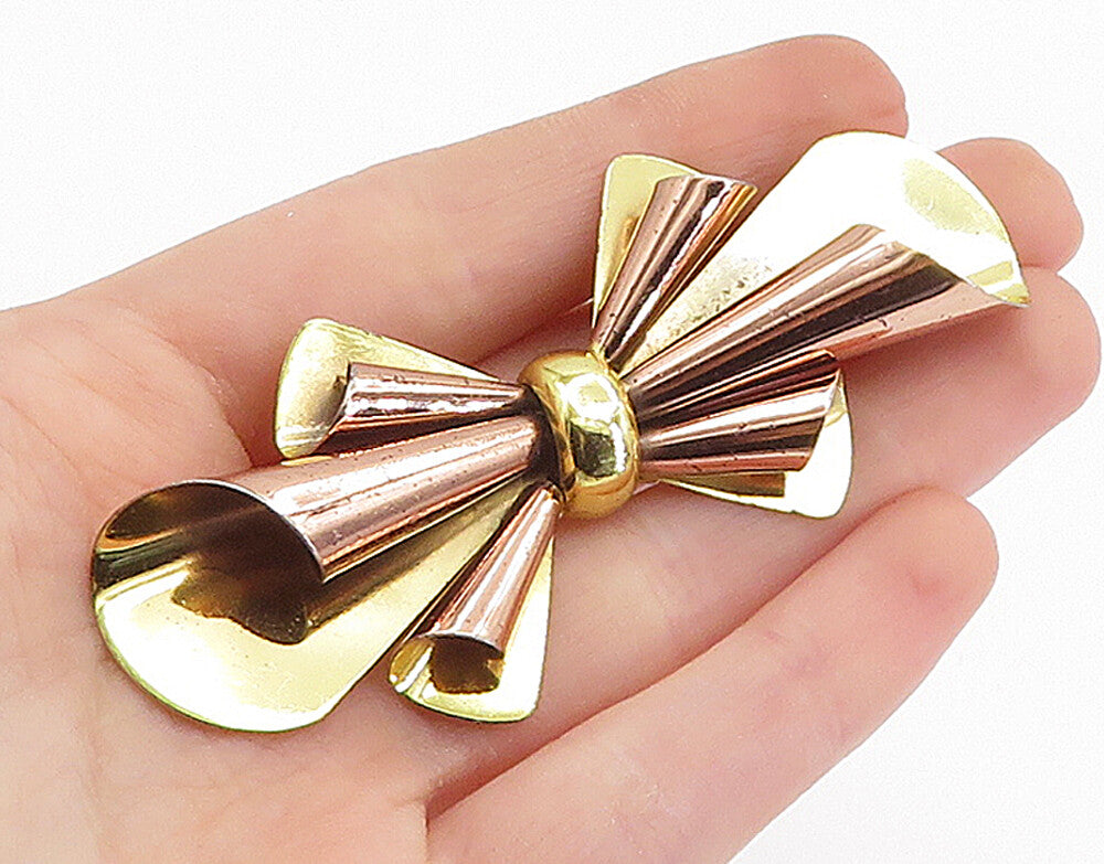 MONET 925 Sterling Silver  Vintage Shiny Two Tone Bow Tie Brooch Pin  BP2760