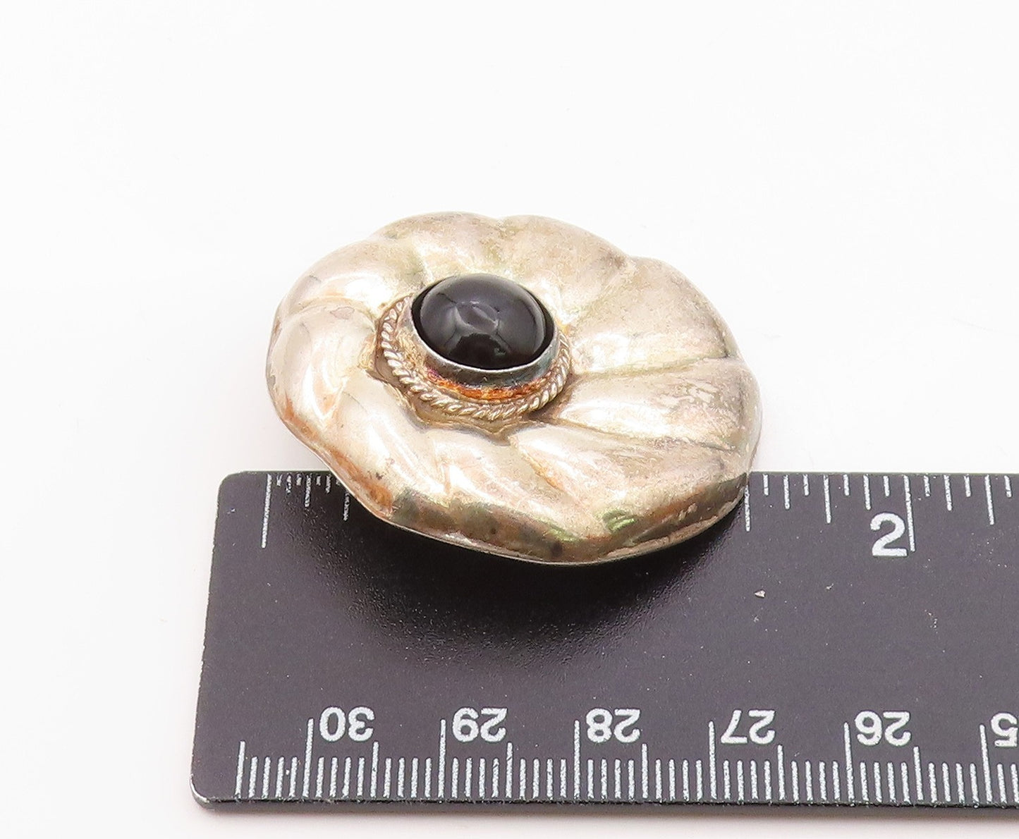 MEXICO 925 Sterling Silver  Vintage Black Onyx Fluted Round Pendant  PT6503