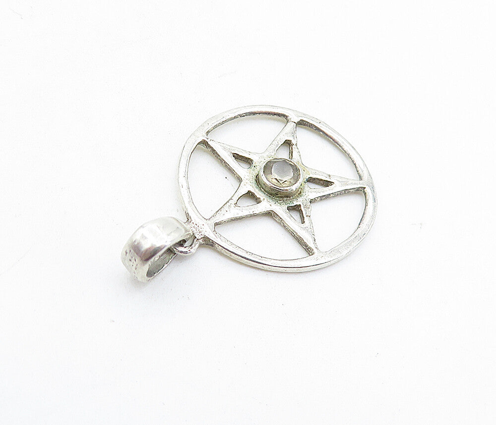 925 Sterling Silver  Vintage Shiny Topaz Open Star Circle Drop Pendant  PT4596