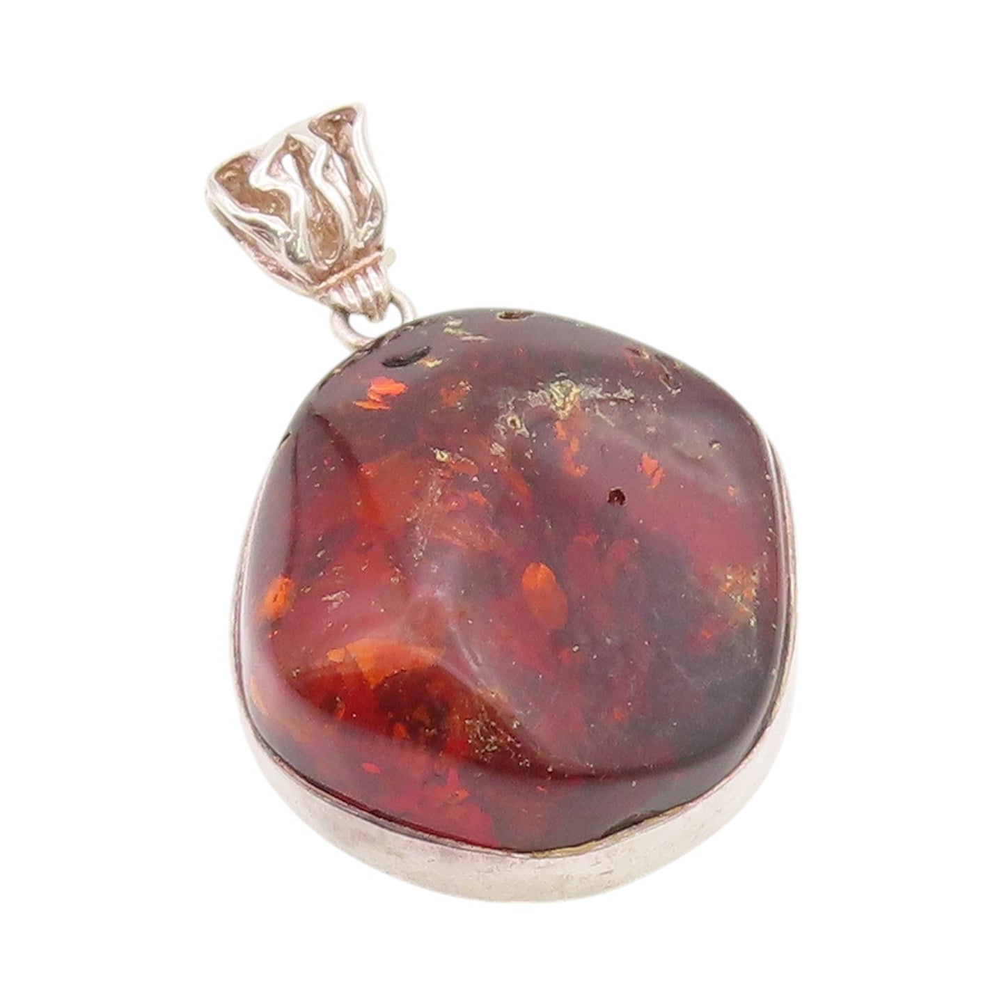 925 Sterling Silver Vintage Pendant Large Amorphas Cabochon Honey Amber  PT24359