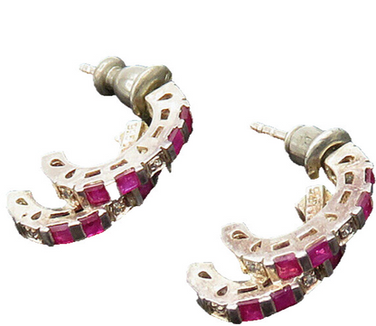 925 Sterling Silver  Vintage Genuine Diamonds & Ruby JHoop Earrings  EG9860