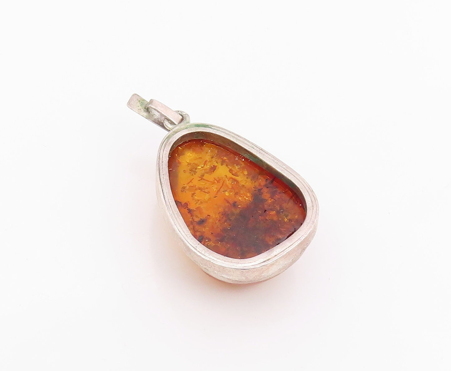 925 Sterling Silver Vintage Pendant Cabochon Honey Amber Solid Teardrop  PT26037