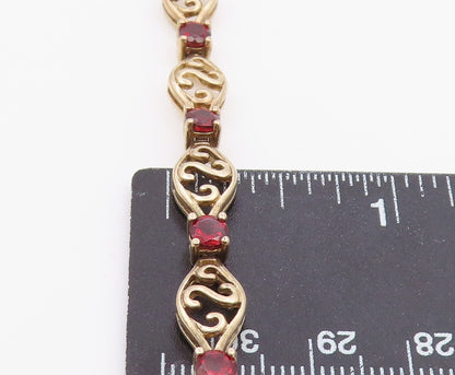 925 Sterling Silver Vintage Round Garnet & Openwork Swirl Link Bracelet BT9557