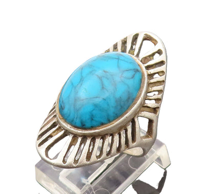 925 Sterling Silver  Vintage Open Lines Frame Turquoise Ring Sz 5.5  RG26373