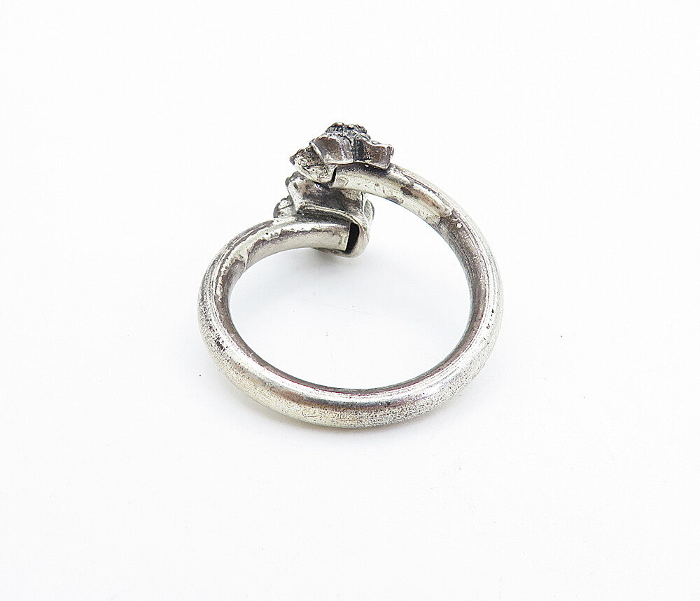 925 Sterling Silver  Vintage Dark Tone Floral Bypass Band Ring Sz 7  RG7490