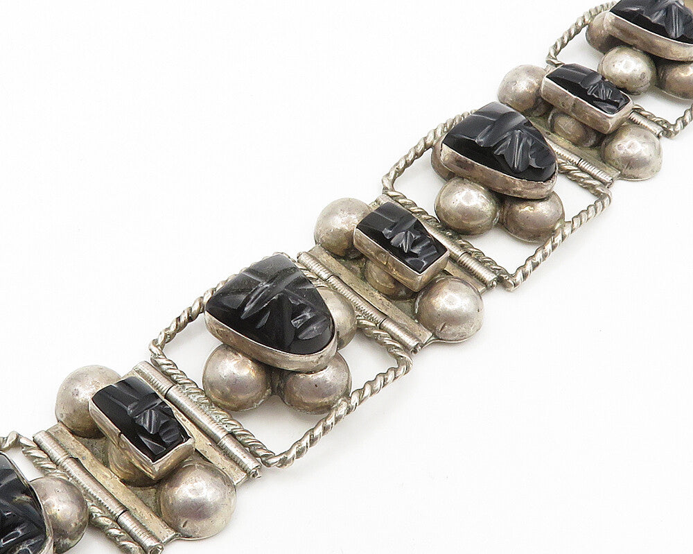MEXICO 925 Silver  Vintage Face Carved Black Onyx Chain Bracelet  BT7556
