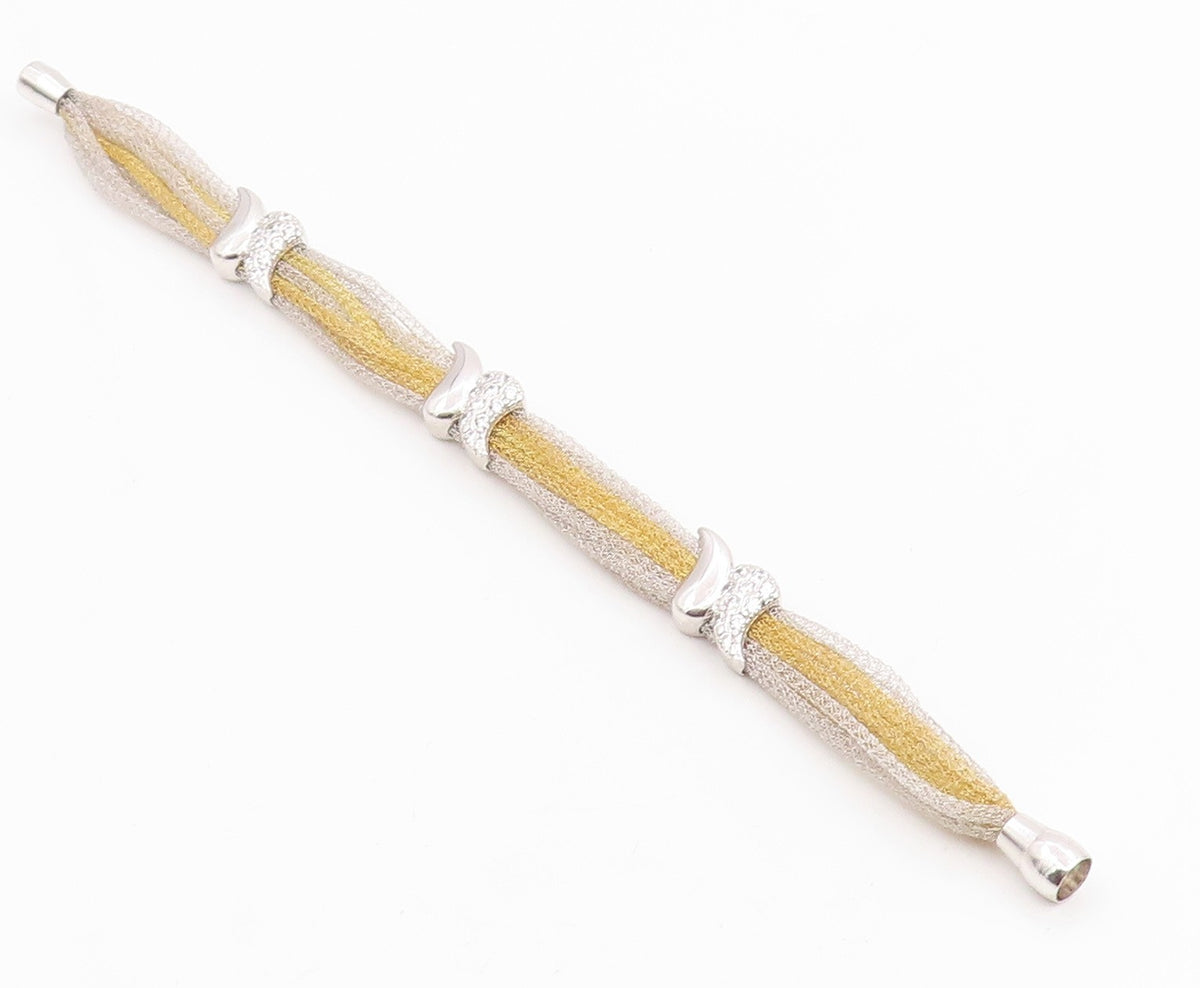 925 Sterling Silver Vintage Bracelet Elegant CZ Two Tone Mesh Chain  BT11980