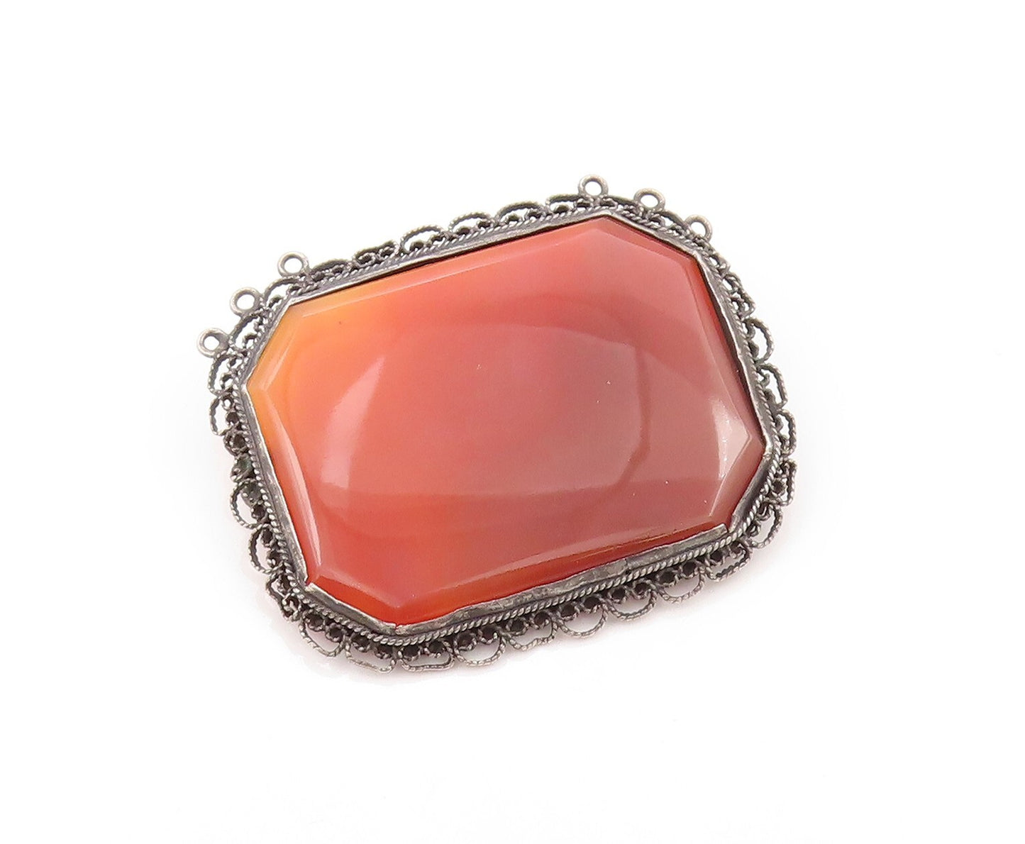 925 Sterling Silver Vintage Brooch Large Carnelian Halo Filigree Work  BP11513