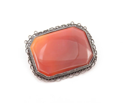 925 Sterling Silver Vintage Brooch Large Carnelian Halo Filigree Work  BP11513
